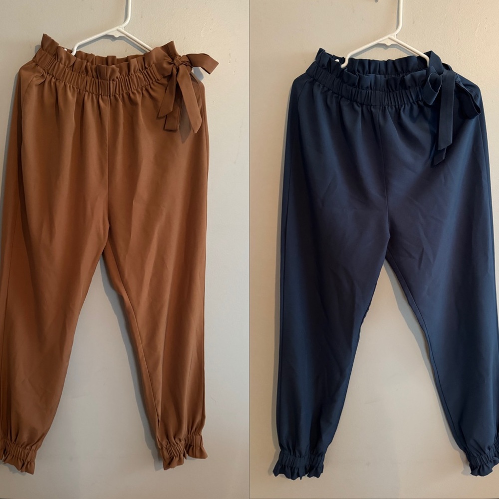 Bundle of 2 Brown & Blue Elastic Paper Bag Tie Pants